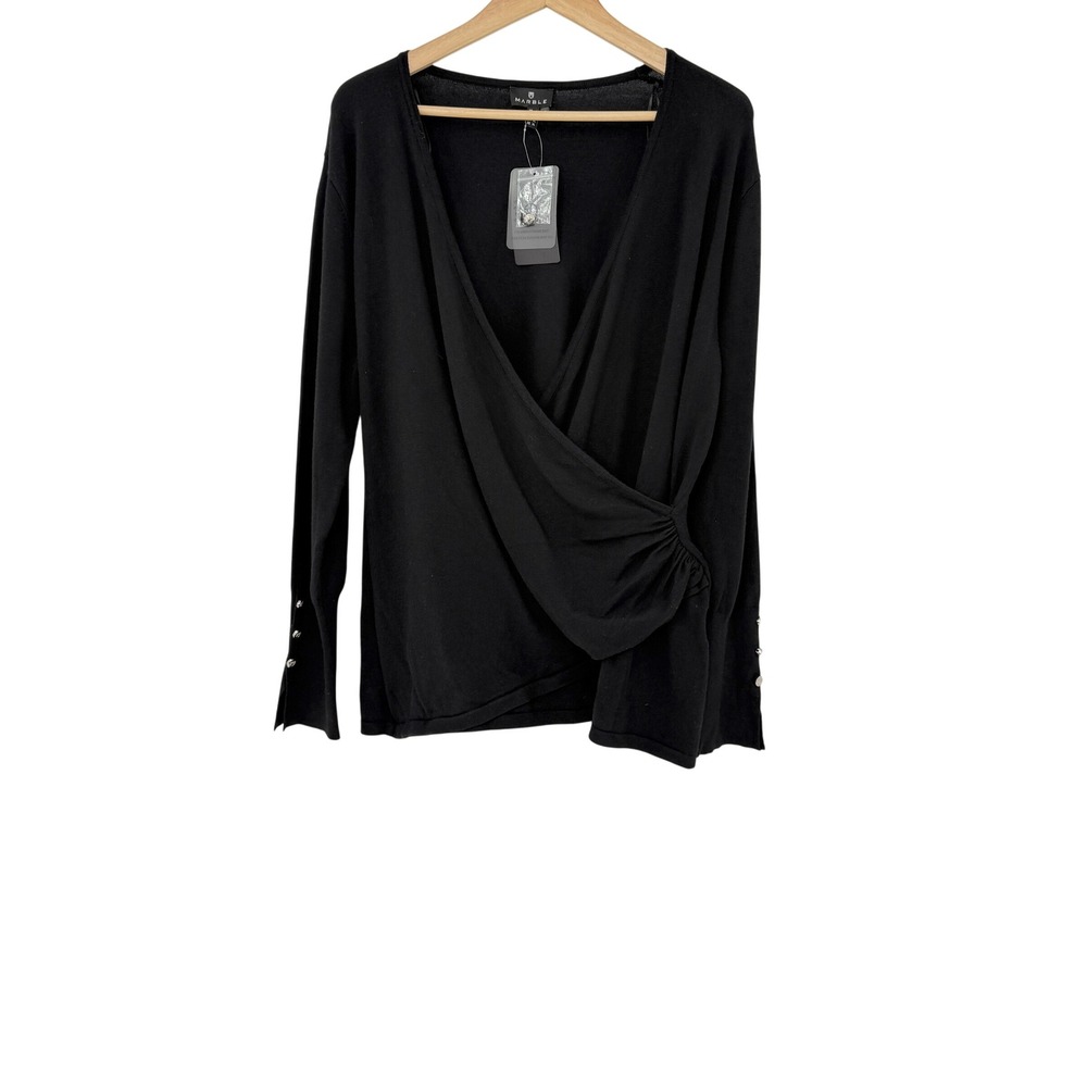 NWT Marble UK Black Faux Wrap‎ Front Top XL Long Sleeve Button Detail